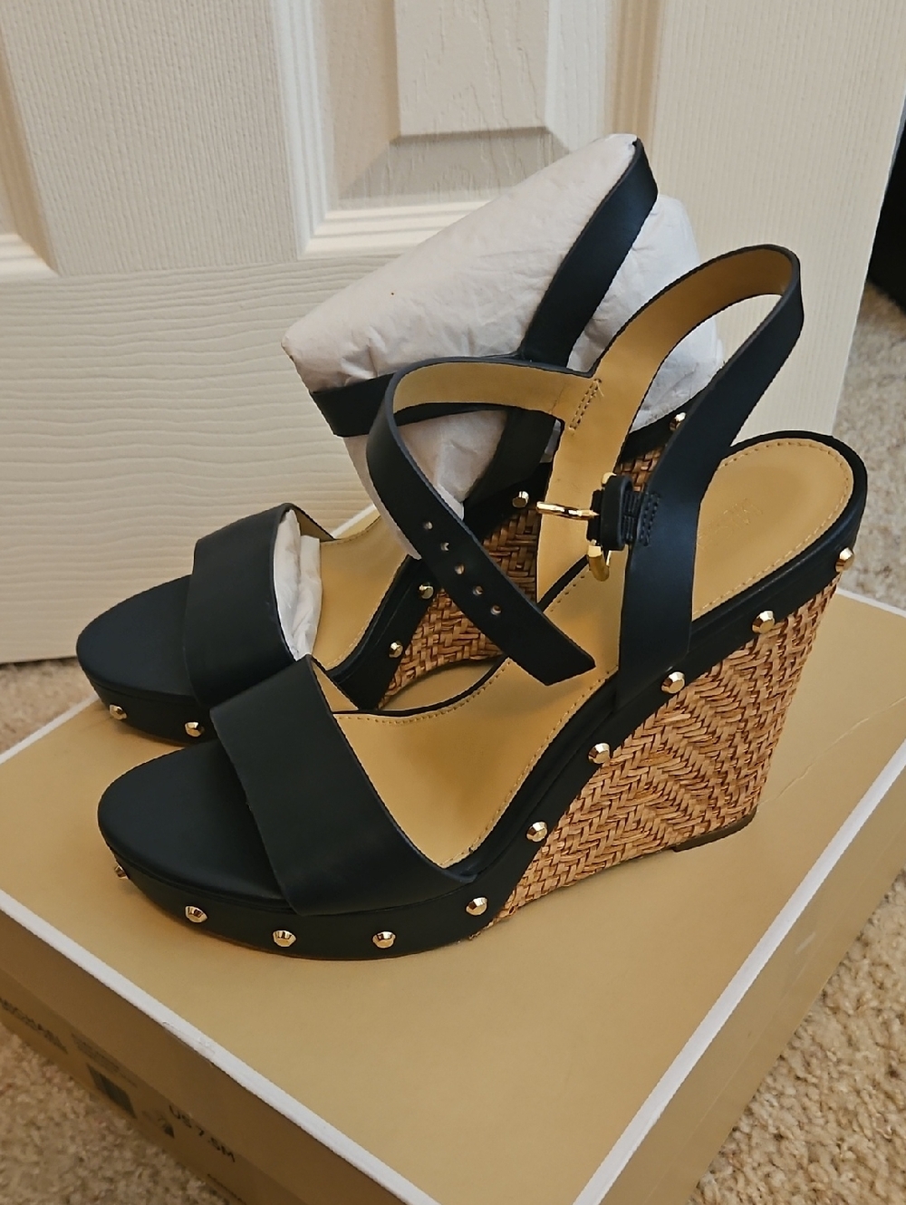 MICHAEL Michael Kors Blue Wedge Sandals with Raffia Heel and Gold Studs